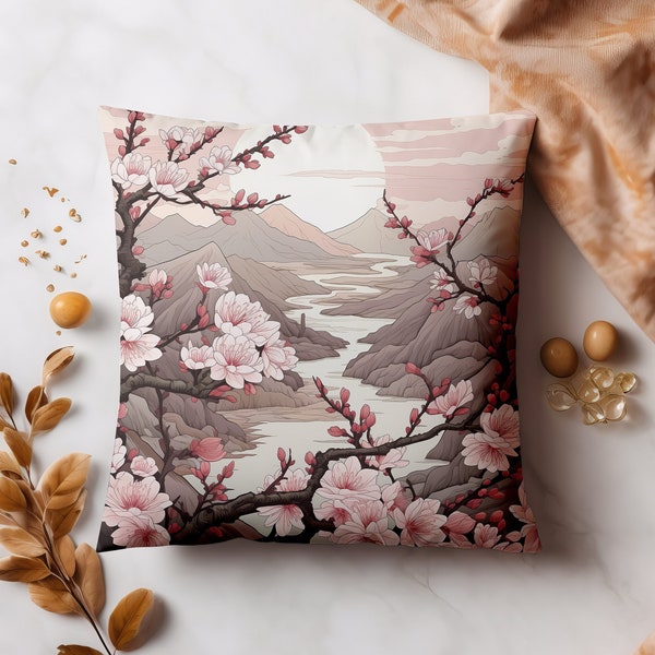 Japanische Kirschblüten Kissenhülle | Sakura Blumen Kissenbezug | Blumen Dekor | Quadratischer Kissenbezug aus Kunstwildleder -14x14 16x16 18x18 20x20