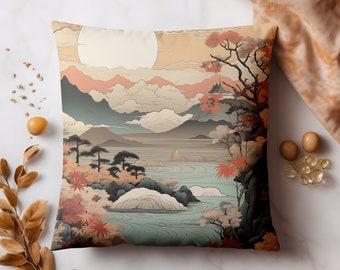 Funda de cojín de paisaje japonés / Funda de almohada de arte japonés / Funda de almohada cuadrada de gamuza sintética -14x14 16x16 18x18 20x20