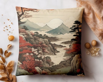 Funda de almohada con paisaje japonés / Funda de cojín con arte japonés / Funda de almohada cuadrada de ante sintético - 14x14 16x16 18x18 20x20