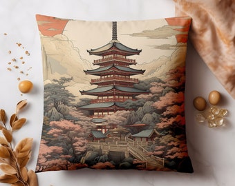 Funda de almohada de paisaje del templo japonés / Funda de cojín de arte japonés / Decoración floral / Funda de almohada cuadrada de ante sintético -14x14 16x16 18x18 20x20