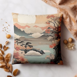 Japanese Landscape Cushion Cover | Japanese Art Pillow Cover | Faux Suede Square Pillow Case -14x14 16x16 18x18 20x20