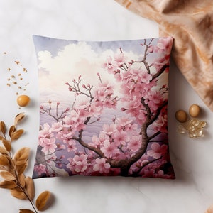 Funda de cojín de flores de cerezo rosa japonés / Funda de almohada de flores de Sakura / Funda de almohada cuadrada de ante sintético -14x14 16x16 18x18 20x20
