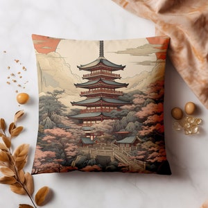 Japanese Temple Landscape Pillow Cover | Japanese Art Cushion Cover | Floral Décor | Faux Suede Square Pillow Case -14x14 16x16 18x18 20x20