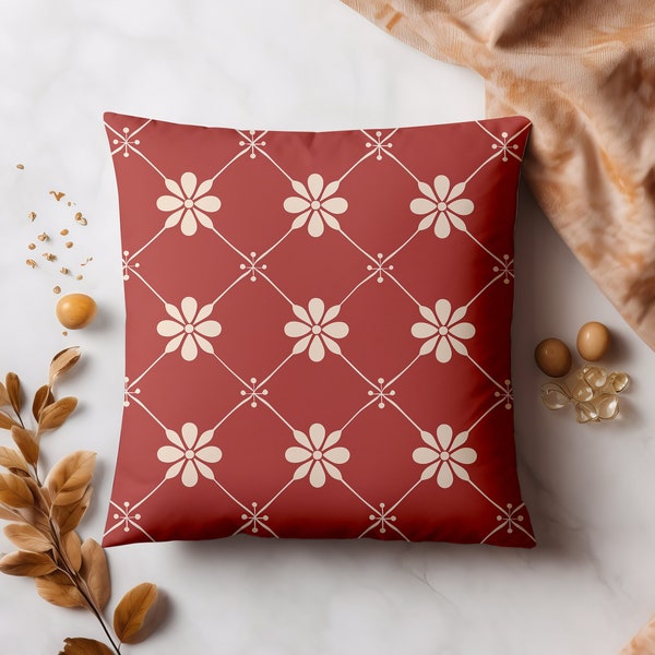 Red and White Cushion Cover - Abstract Flower Design - Decorative Sofa Cushion Cover - Faux Suede Square Pillow Case - 14x14 16x16 18x18