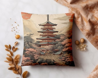 Funda de almohada con paisaje japonés / Funda de cojín con arte japonés / Decoración floral / Funda de almohada cuadrada de gamuza sintética - 14x14 16x16 18x18 20x20
