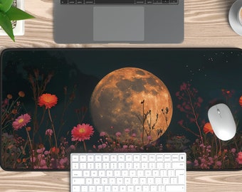 Celestial Floral Moon Desk Mat | Aesthetic Desk Decor | Sizes 12× 18, 12× 22, 31× 15.5 Inches