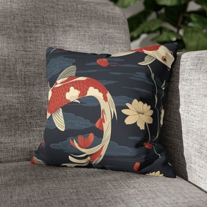 Japanese Koi Fish Pillow Case - Faux Suede Square Pillow Case - 14x14 16x16 18x18 20x20