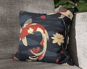 Japanese Koi Fish Pillow Case - Faux Suede Square Pillow Case - 14x14 16x16 18x18 20x20