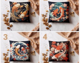 Japanese Koi Fish Pillow Cover | Koi Fish Cushion Cover With Asian Design | Faux Suede Square Pillow Case - 14x14 16x16 18x18 20x20