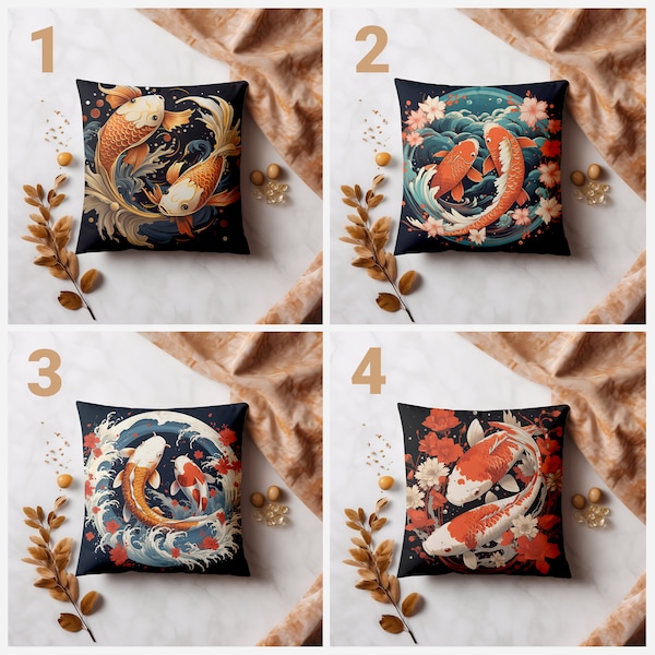 Japanese Koi Fish Pillow Cover | Koi Fish Cushion Cover With Asian Design | Faux Suede Square Pillow Case - 14x14 16x16 18x18 20x20