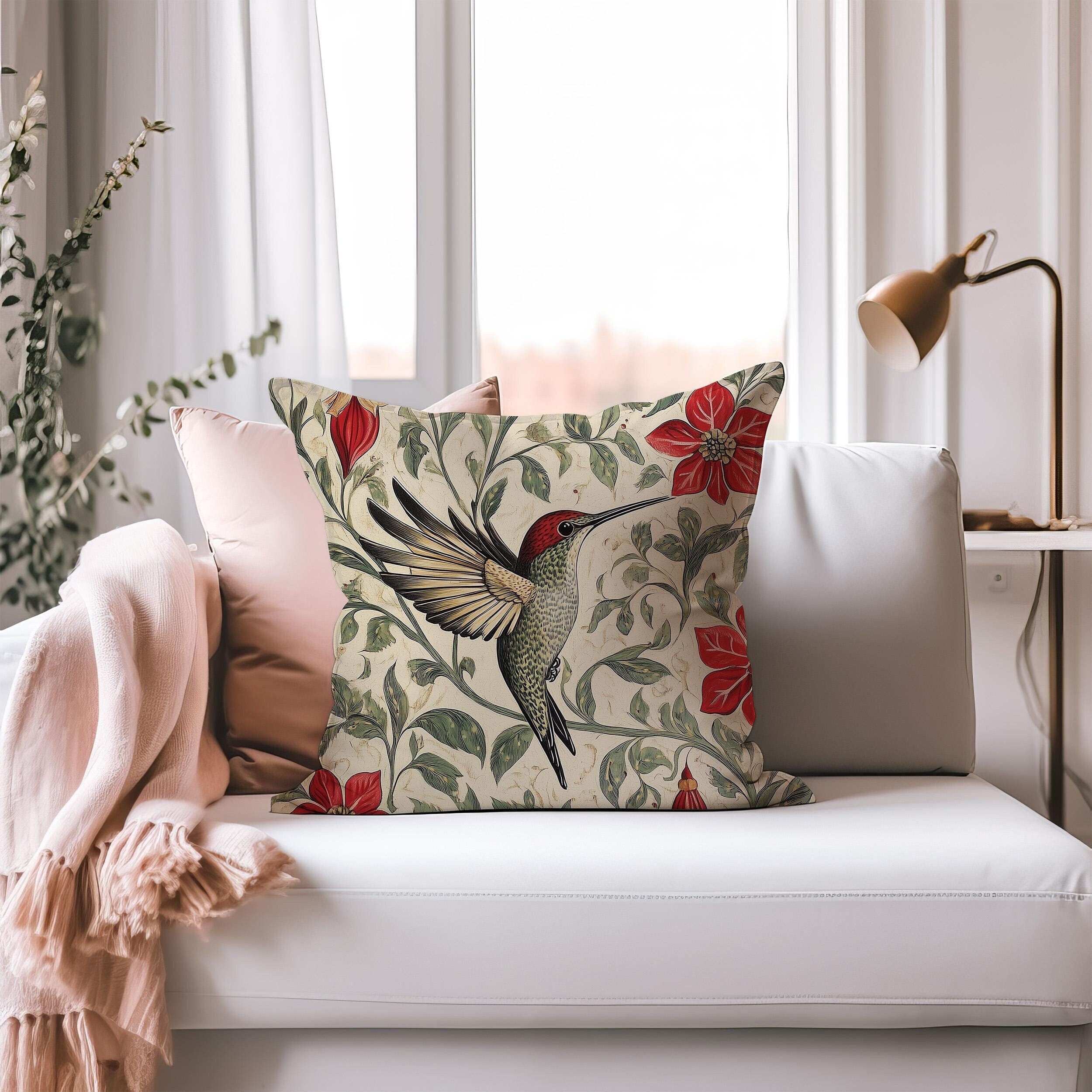 Hummingbird Cushion Cover | Faux Suede Square Decorative Pillow Case | Birds Farmhouse Décor | Sizes 14x14" 16x16" 18x18" 20x20"