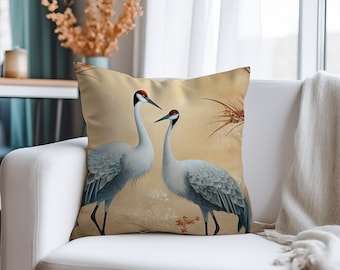 White Japanese Cranes Pillow Case - Faux Suede Square Pillow Cover - Throw Pillow Case