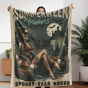 Summerween Vibes Blanket, Gothic Halloween Beach Blanket, Cute Spooky Decor,Custom Spooky Nana Blanket,Custom Name Blanket, Home Decor Gift