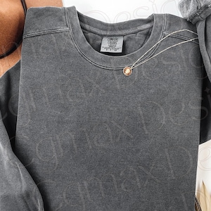 May include: A dark gray sweatshirt with a crew neck and long sleeves. A gold pendant necklace rests on the front. A brown hat is partially visible in the upper left corner. The word "PEPPER" is in the lower right corner.