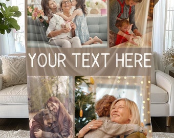 May include: A custom photo collage blanket featuring four distinct family photographs and the centered white text YOUR TEXT HERE. The blanket displays various candid moments of people interacting, including hugging and baking, printed on a soft fabric.