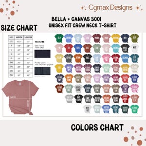 May include: A size chart and color options for Bella + Canvas 3001 unisex fit crew neck t-shirts. The chart includes measurements in inches for sizes XS to 5XL. Color swatches include Kelly, Lavender, and Black.
