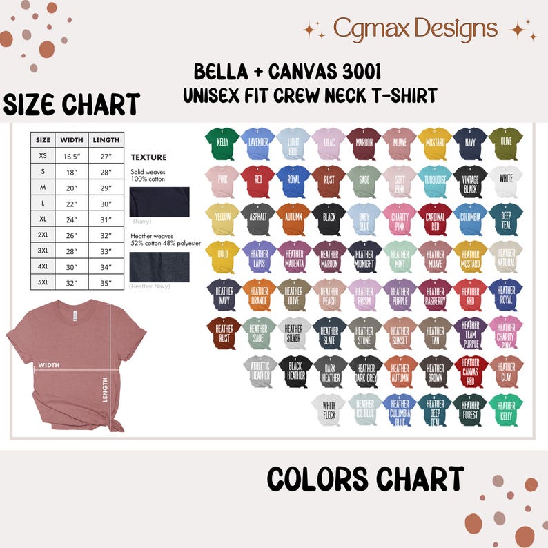 May include: A size chart and color options for Bella + Canvas 3001 unisex fit crew neck t-shirts. The chart includes measurements in inches for sizes XS to 5XL. Color swatches include Kelly, Lavender, and Black.