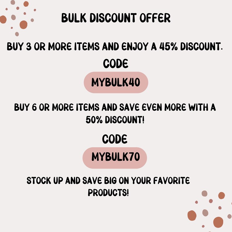 May include: A promotional graphic with the text "BULK DISCOUNT OFFER." It offers a 45% discount on 3+ items with code MYBULK40 and a 50% discount on 6+ items with code MYBULK70. The text "STOCK UP AND SAVE BIG" is also included.