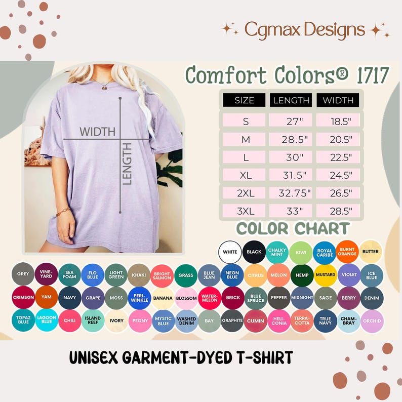 May include: A light purple unisex garment-dyed t-shirt from Comfort Colors 1717. The image includes a size chart with measurements in inches and a color chart with various hues. The shirt is shown on a person.