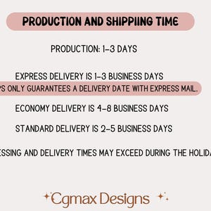 May include: A graphic with text detailing production and shipping times. The text includes: Production 1-3 days, Express Delivery 1-3 business days, Economy Delivery 4-8 business days, and Standard Delivery 2-5 business days. The graphic also includes the text "Cgmax Designs".
