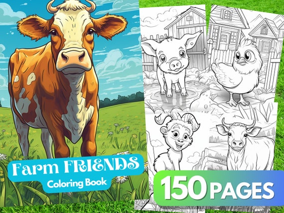 Cute Farm Animals Coloring Book, 150 Pages, Farm Friends Coloring Pages, AI ART, Printable Color Book PDF, Instant Download