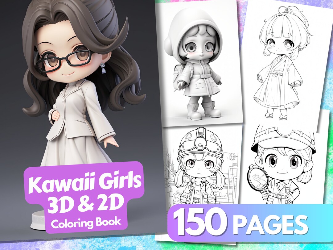 Kawaii Girls Coloring Book, 150 Pages, 3D Coloring, Kawaii Girls, 3D ...