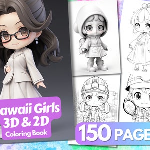 Kawaii Girls Coloring Book, 150 Pages, 3D Coloring, Kawaii Girls, 3D Art, AI ART, Printable Coloring Book PDF, Instant Download,