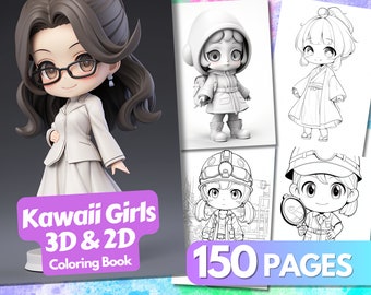 Kawaii Girls Coloring Book, 150 Pages, 3D Coloring, Kawaii Girls, 3D Art, AI ART, Printable Coloring Book PDF, Instant Download,
