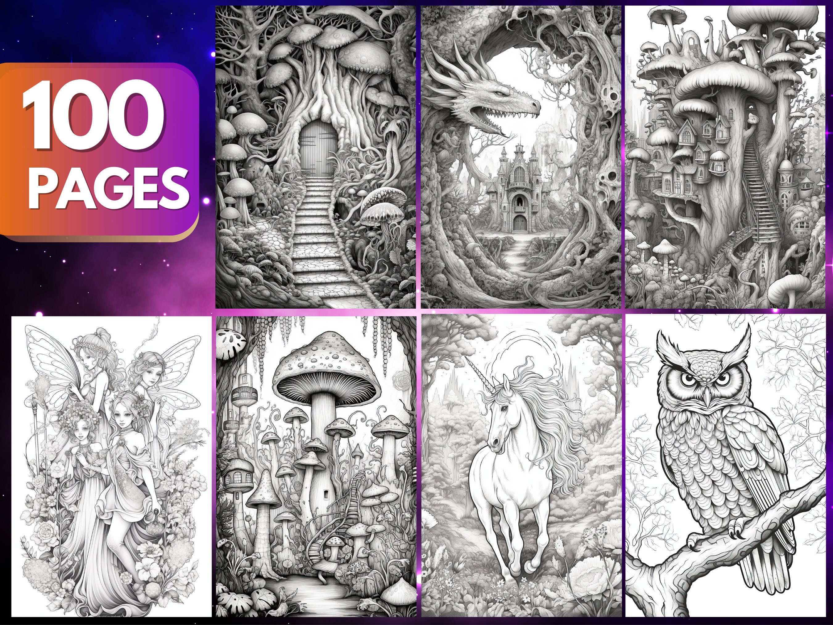 Enchanted Forest Coloring Book, 100 Pages, Enchanted Forest Coloring ...