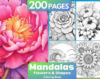 Mandala Blumen und Formen Malbuch, 200 Seiten, Mandala Malseiten, AI ART, Druckbares Color Book PDF, Instant Download