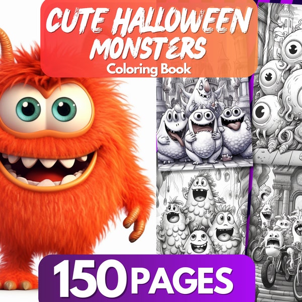 Cute Halloween Coloring, Monsters Coloring Book, 150 Pages, Cute Monsters Coloring Pages, AI ART, Printable Color Book PDF, Instant Download