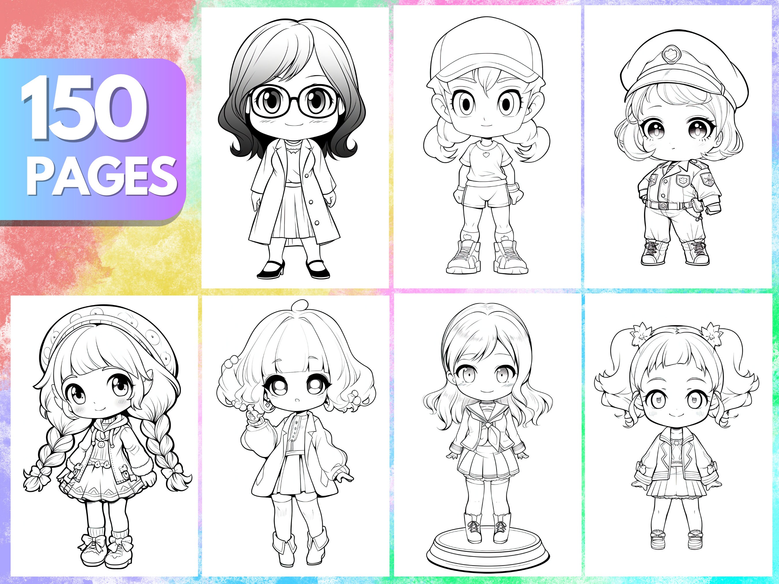 Kawaii Girls Coloring Book, 150 Pages, 3D Coloring, Kawaii Girls, 3D ...
