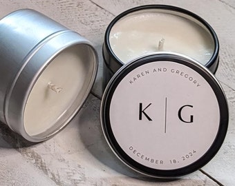 Personalized Bulk Candle Favors for Guests. One- and two-ounce options available. Great as wedding, baby shower favors, and business events.