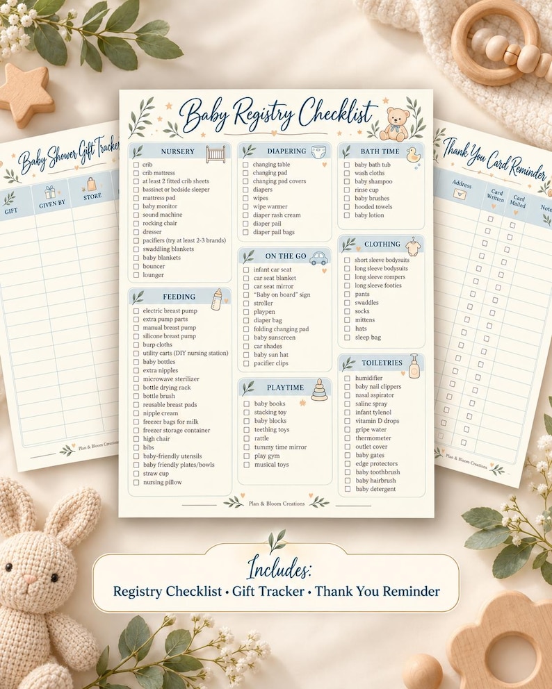 May include: A printed baby registry checklist, gift tracker, and thank you card reminder set. The documents feature categories like nursery, diapering, bath time, feeding, clothing, and toiletries with checkboxes and blue text.