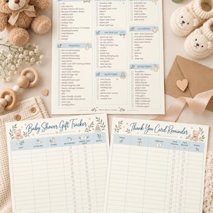 May include: A printed baby registry checklist, a baby shower gift tracker, and a thank you card reminder sheet. Each paper document features blue headers, checkboxes, and illustrations of teddy bears, leaves, and baby items.