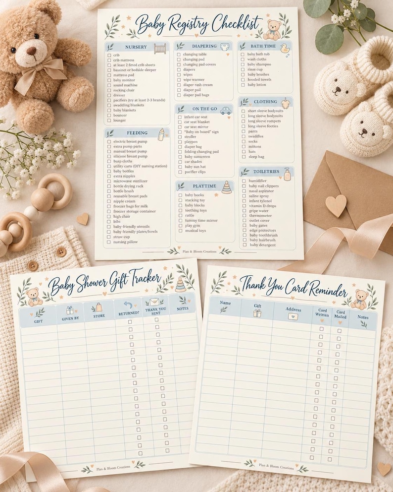 May include: A printed baby registry checklist, a baby shower gift tracker, and a thank you card reminder sheet. Each paper document features blue headers, checkboxes, and illustrations of teddy bears, leaves, and baby items.