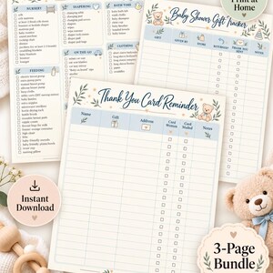 May include: A three-page baby planning bundle featuring a Baby Registry Checklist, Baby Shower Gift Tracker, and Thank You Card Reminder. Each page includes checkboxes, columns, and illustrations of a teddy bear, leaves, and baby icons.