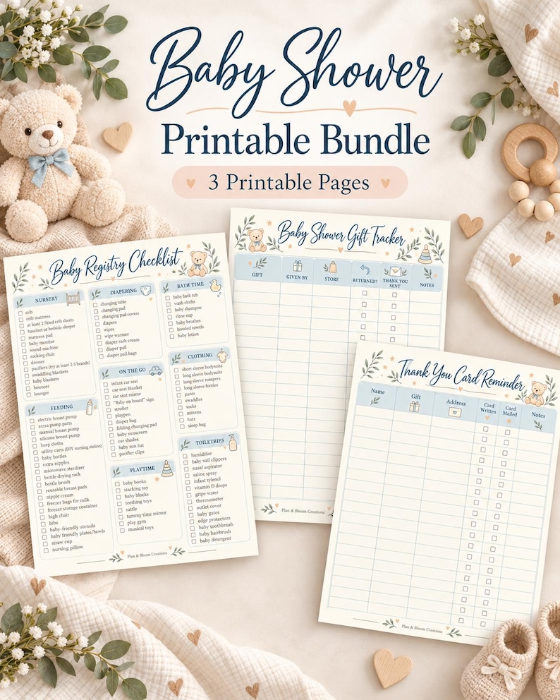 May include: A baby shower printable bundle featuring three pages: a Baby Registry Checklist, a Baby Shower Gift Tracker, and a Thank You Card Reminder. The documents are decorated with small teddy bear illustrations and blue text.
