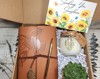 Sending You Sunshine Gift Box- Sunshine Care Package- Notebook Succulent Candle Set- Embellished Notebook- Thoughtful Gift