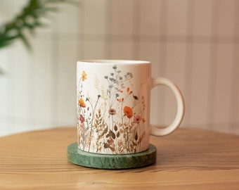 Pressed Flowers Coffee Mug, Boho Cottagecore TeaCup, Nature Lover Ceramic Mug Gift