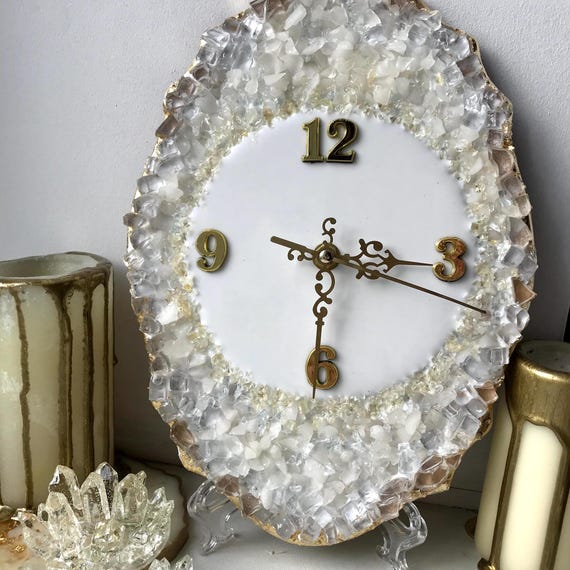 Unique Wall Clock - Resin Clock with Natural Crystals - Geode Table Clock
