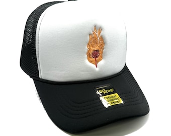 Rose Flame Fire Mesh Trucker Hat Snapback (White/Black)