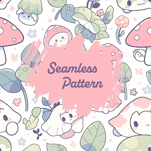 Kawaii Anime Mushroom Seamless Pattern - Diseño vibrante dibujado a mano, Descarga digital PNG para creaciones inspiradas en la naturaleza
