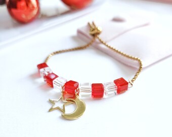 Red Siam Square Vidrio checo hecho a mano ajustable Slider Charm Luna celestial y pulsera de estrella en regalos de joyería de acero inoxidable chapado en oro