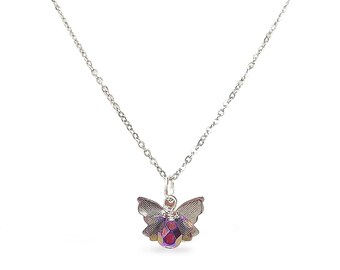 3D Purple Iris Fire-Polished Czech Glass Butterfly Adjustable Handmade Necklace in Stainless Steel Silver • nature lover • gifts for her