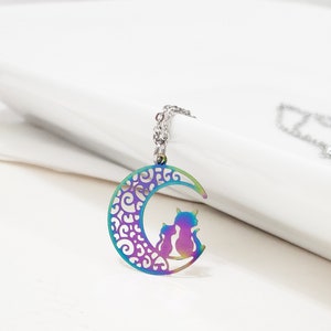 Colorful Cat Charm Necklace Cat Themed Jewelry Moon Charm Stainless Steel Necklace Birthstone Pet Jewelry Gifts for Cat Lover Jewelry