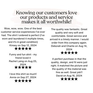 May include: Image with text: "Knowing our customers love our products and service makes it all worthwhile!" Includes customer reviews with dates and star ratings, praising product quality and service.