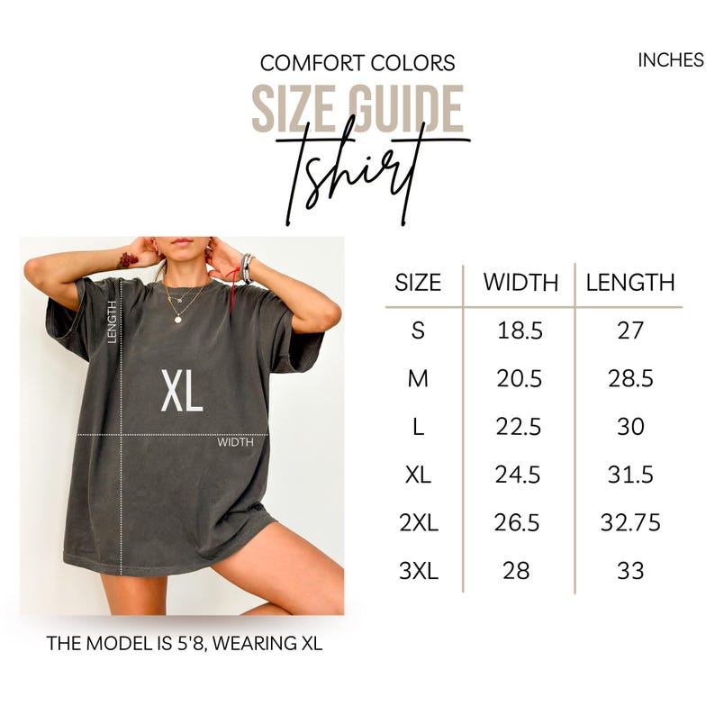 May include: A size guide for a t-shirt, with measurements in inches. The guide includes sizes S, M, L, XL, 2XL, and 3XL, with corresponding width and length measurements. The image also shows a person wearing an XL t-shirt.