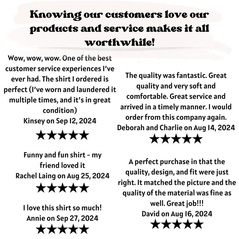 May include: Image with text: "Knowing our customers love our products and service makes it all worthwhile!" Includes customer reviews with 5-star ratings and dates. Reviews mention shirt quality, service, and satisfaction.