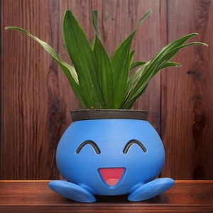 May include: A blue and red smiling planter with a green plant growing out of the top. The planter is shaped like a cartoon character with a happy face.